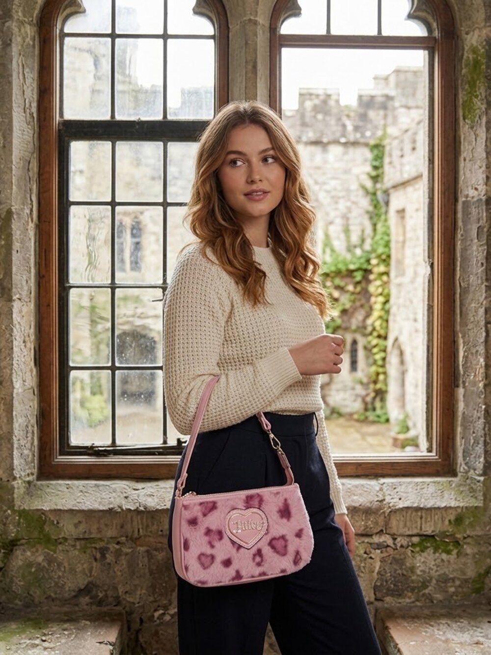 👜🍒 Juicy Couture Warm Up Pink Faux-Fur Leopard Mini Bag Wristlet
